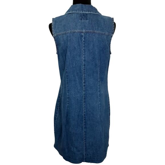 Vintage Y2K Denim Shirt Dress Sleeveless Med Blue Wash Jean Mini Dress Womens M - Picture 4 of 9